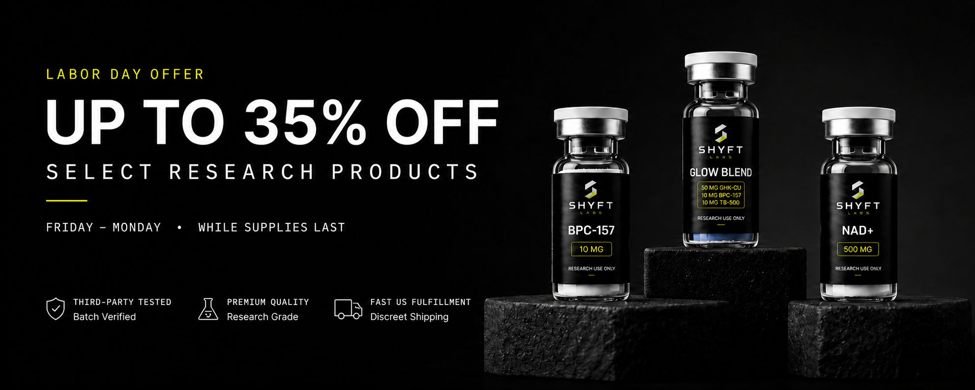 Labor Day Offer — up to 35% off select research products, Friday through Monday while supplies last